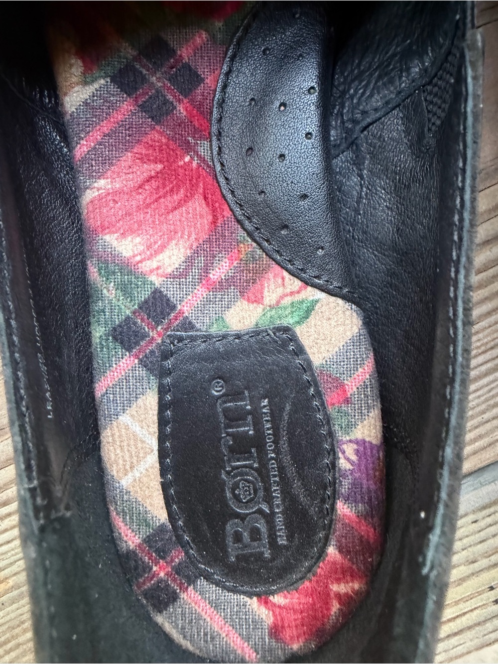 Born Black Leather Slip-On Flats with Floral Plaid Insole - Picture 2 of 8